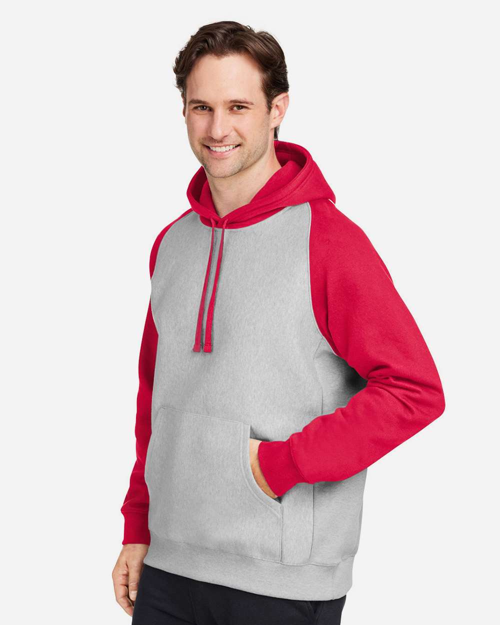 Unisex Zone HydroSport™ Heavyweight Colorblock Hooded Sweatshirt - OnModelSide - B760D9702 - Athletic Heather/ Sport Red