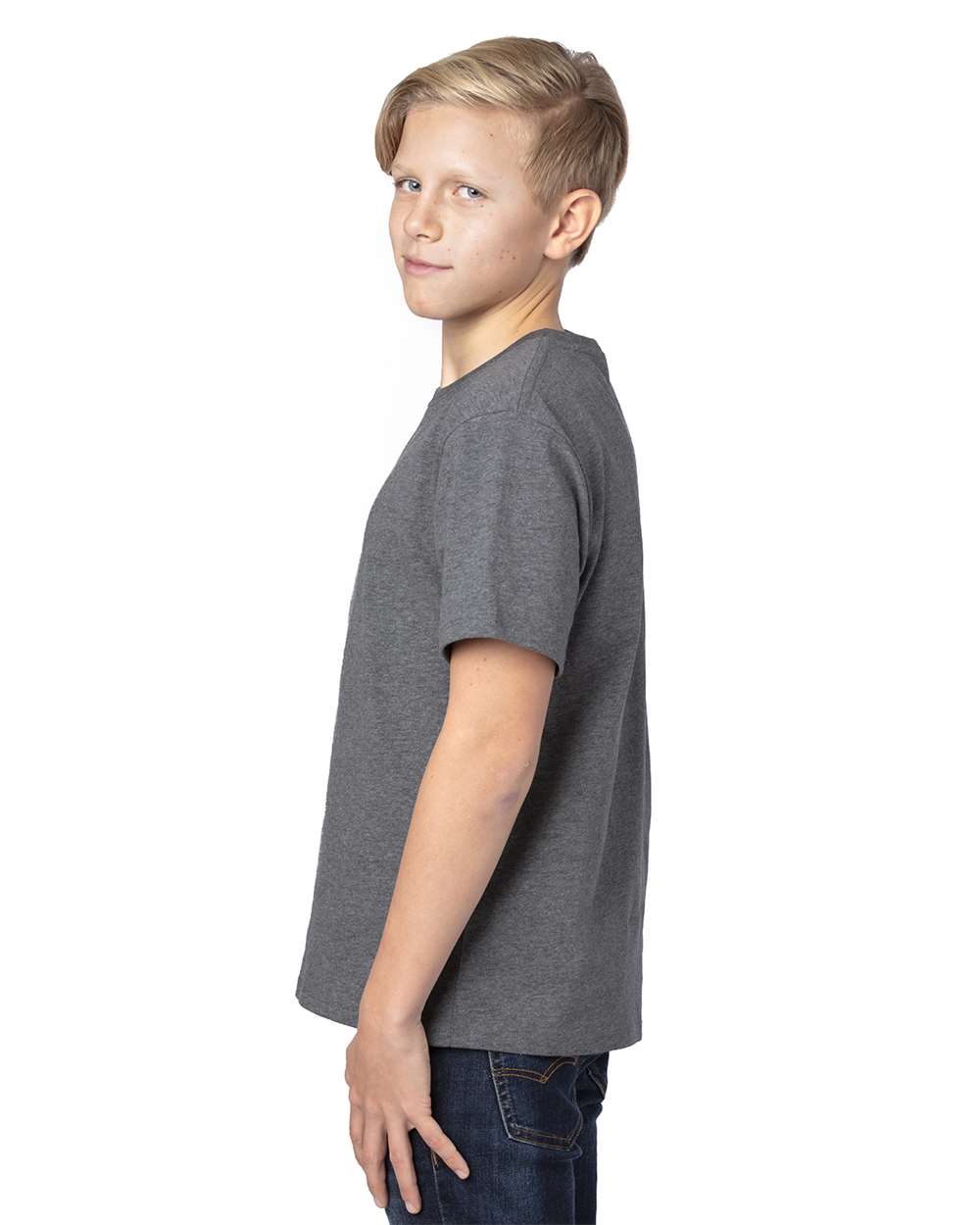 Youth Ultimate CVC T-Shirt - OnModelSide - B804E0582 - Charcoal Heather
