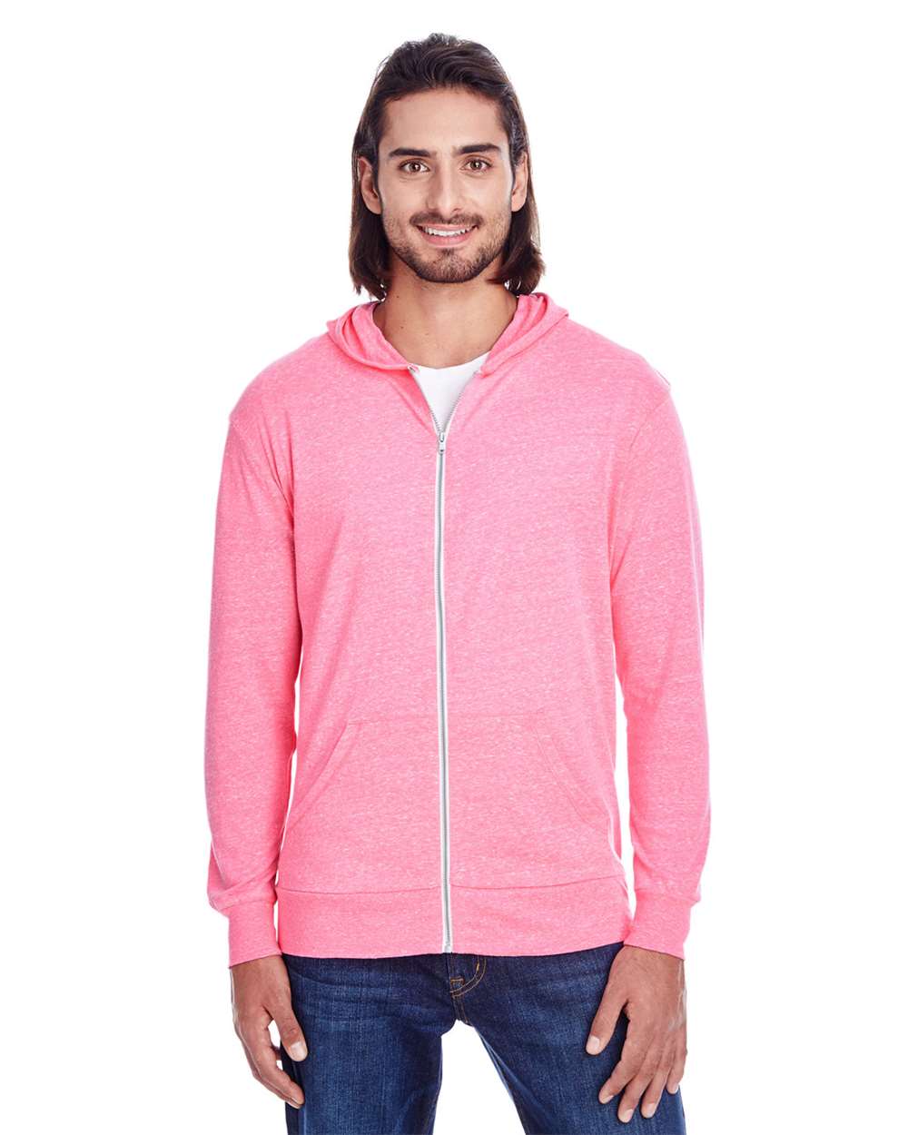 Unisex Triblend Full-Zip Lightweight Hooded Sweatshirt - OnModelFront - B787E0032 - Neon Pink Triblend