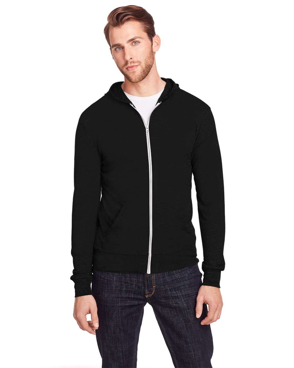 Unisex Triblend Full-Zip Lightweight Hooded Sweatshirt - OnModelFront - B787E0102 - Solid Black Triblend