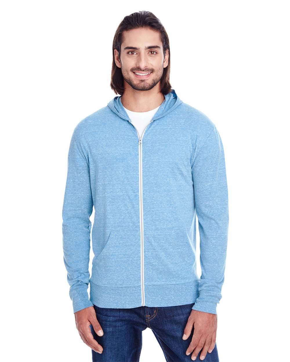 Unisex Triblend Full-Zip Lightweight Hooded Sweatshirt - OnModelFront - B787E0112 - Royal Triblend