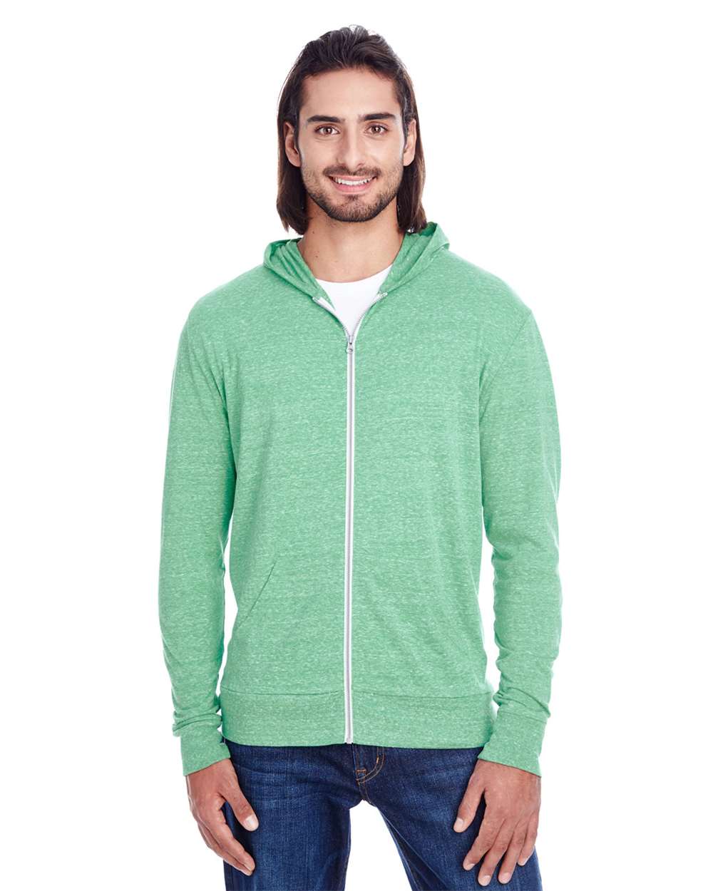 Unisex Triblend Full-Zip Lightweight Hooded Sweatshirt - OnModelFront - B787E0192 - Green Triblend