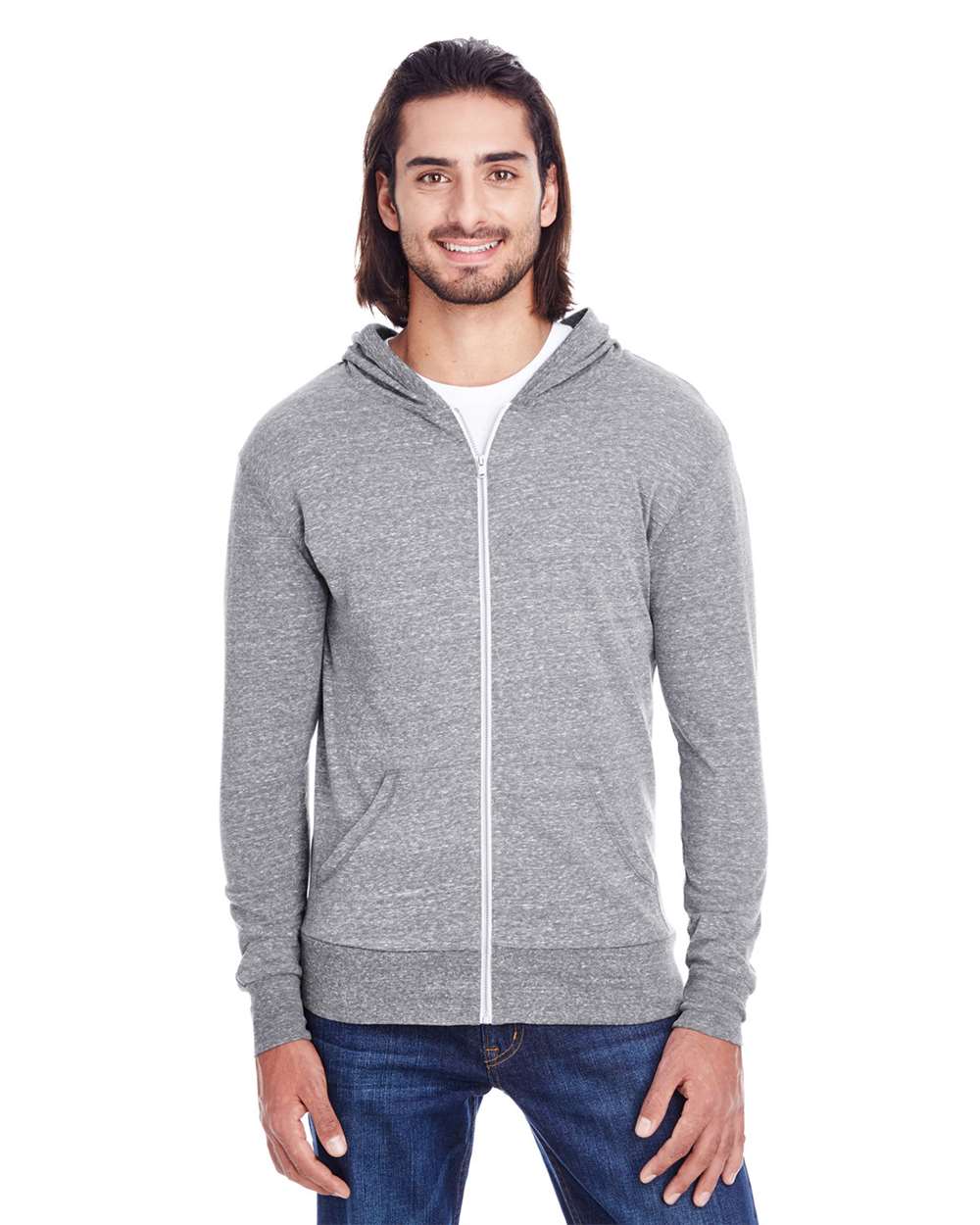 Unisex Triblend Full-Zip Lightweight Hooded Sweatshirt - OnModelFront - B787E0352 - Grey Triblend