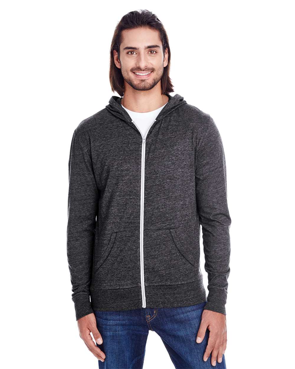 Unisex Triblend Full-Zip Lightweight Hooded Sweatshirt - OnModelFront - B787E0502 - Black Triblend
