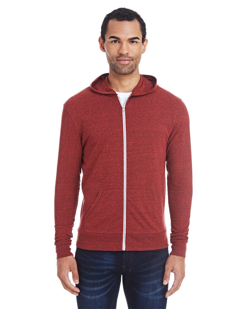 Unisex Triblend Full-Zip Lightweight Hooded Sweatshirt - OnModelFront - B787E0522 - Cardinal Black Triblend