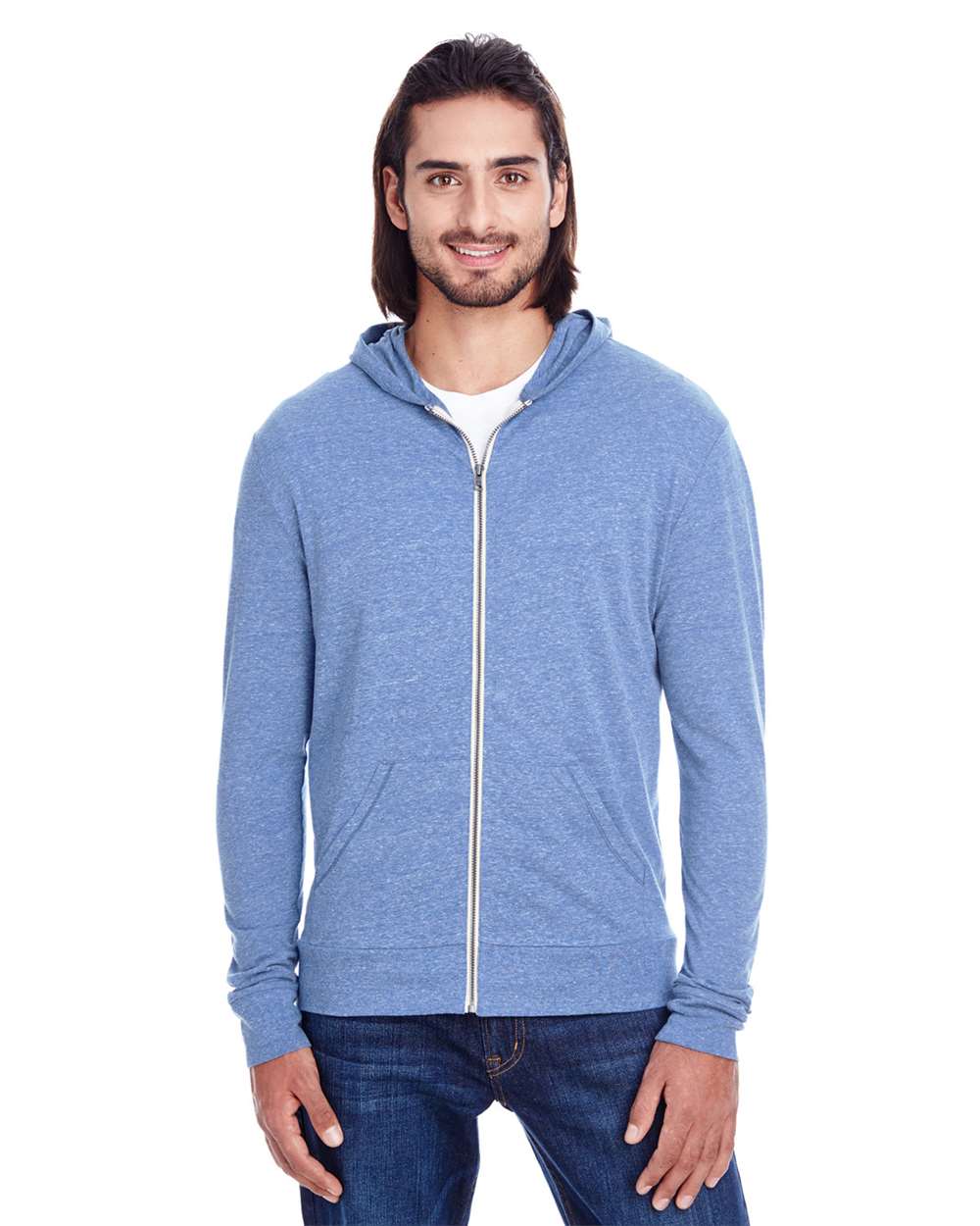 Unisex Triblend Full-Zip Lightweight Hooded Sweatshirt - OnModelFront - B787E0652 - Navy Triblend