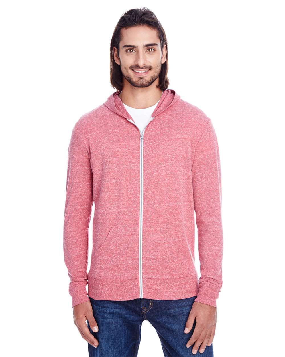 Unisex Triblend Full-Zip Lightweight Hooded Sweatshirt - OnModelFront - B787E0702 - Red