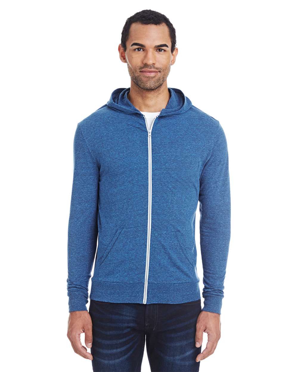 Unisex Triblend Full-Zip Lightweight Hooded Sweatshirt - OnModelFront - B787E0752 - Royal Black Triblend