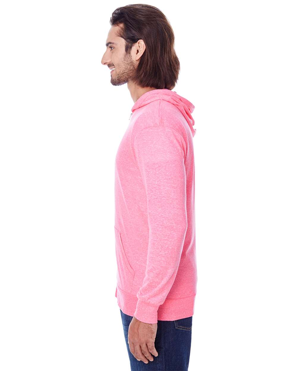 Unisex Triblend Full-Zip Lightweight Hooded Sweatshirt - OnModelSide - B787E0032 - Neon Pink Triblend