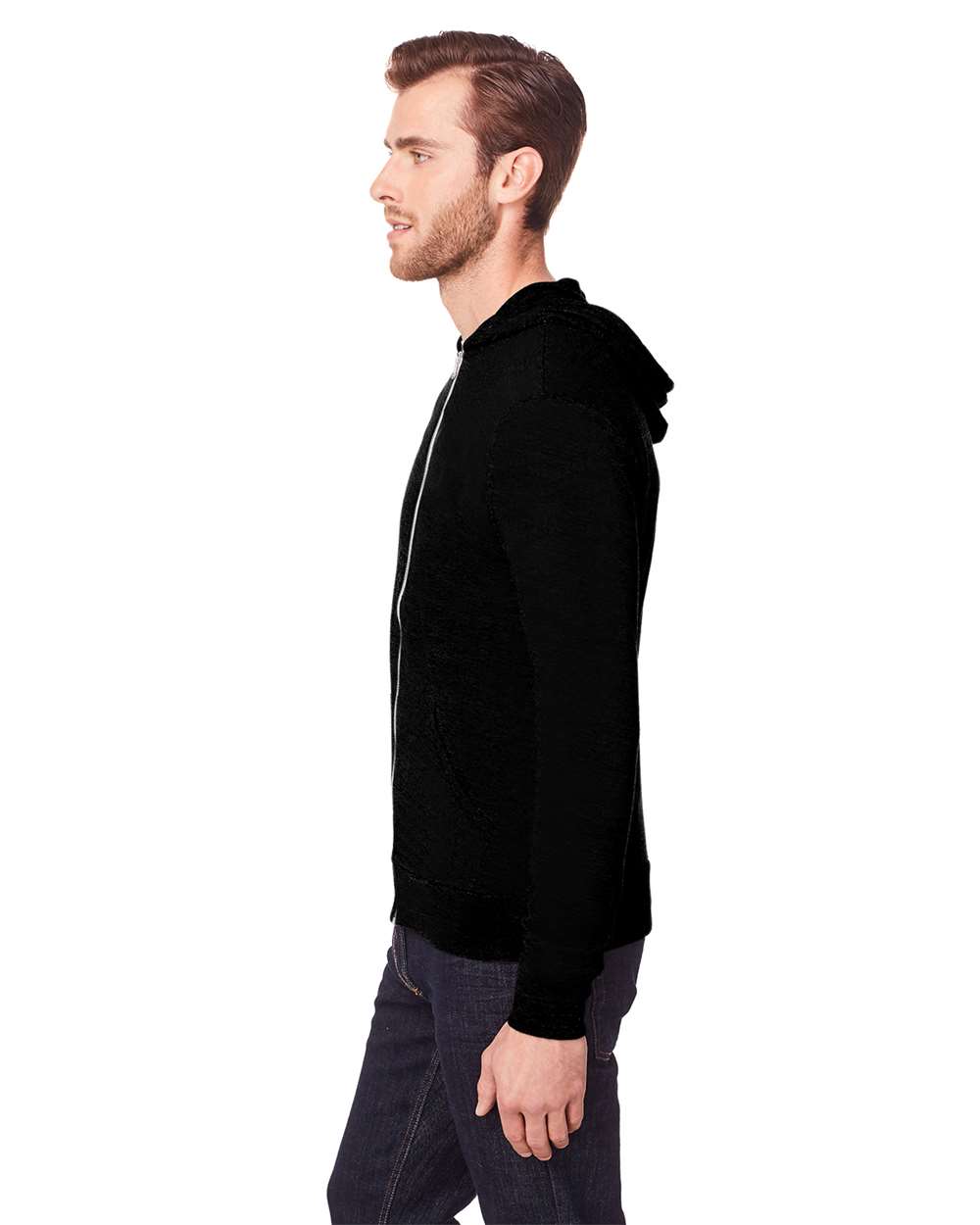 Unisex Triblend Full-Zip Lightweight Hooded Sweatshirt - OnModelSide - B787E0102 - Solid Black Triblend