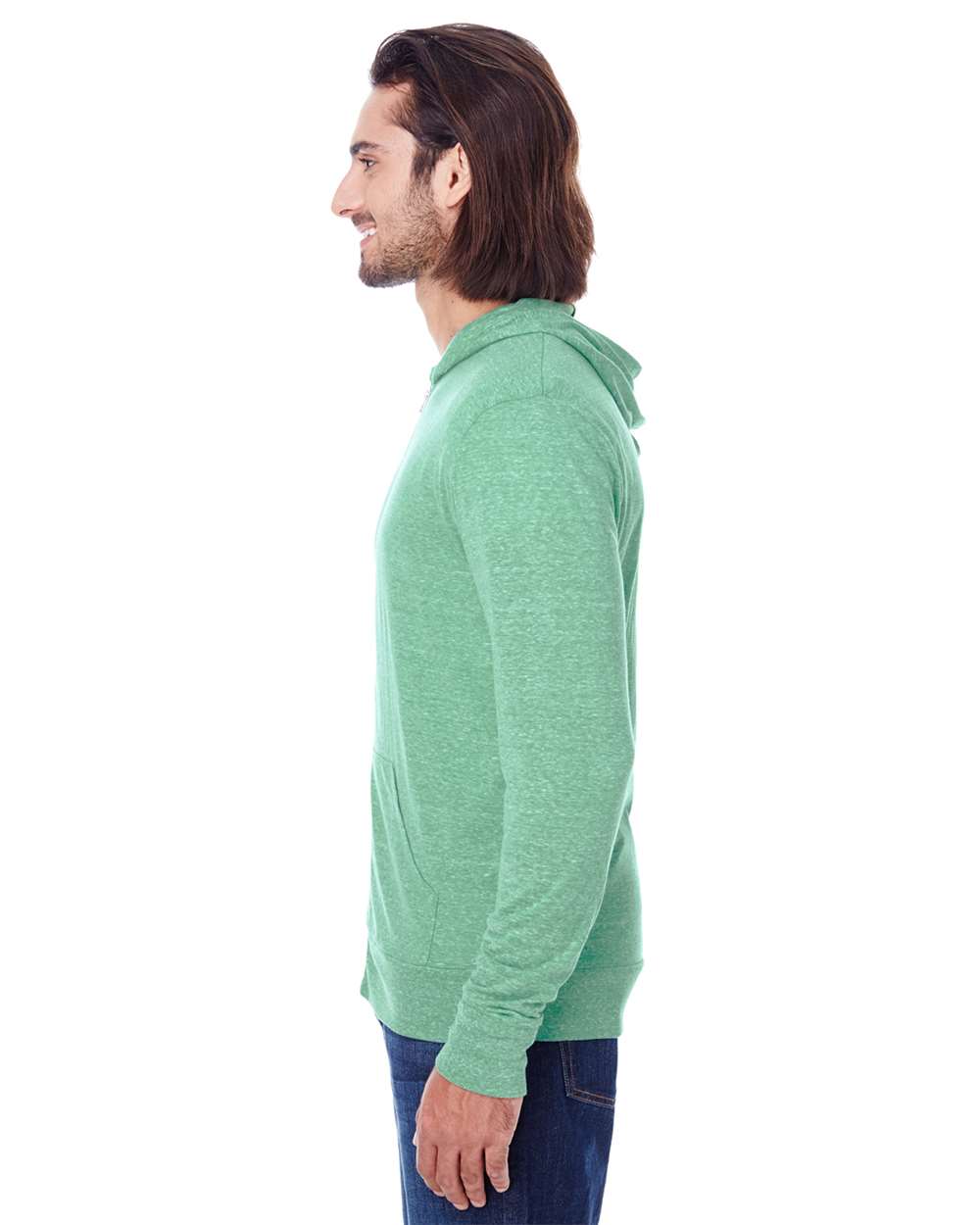 Unisex Triblend Full-Zip Lightweight Hooded Sweatshirt - OnModelSide - B787E0192 - Green Triblend