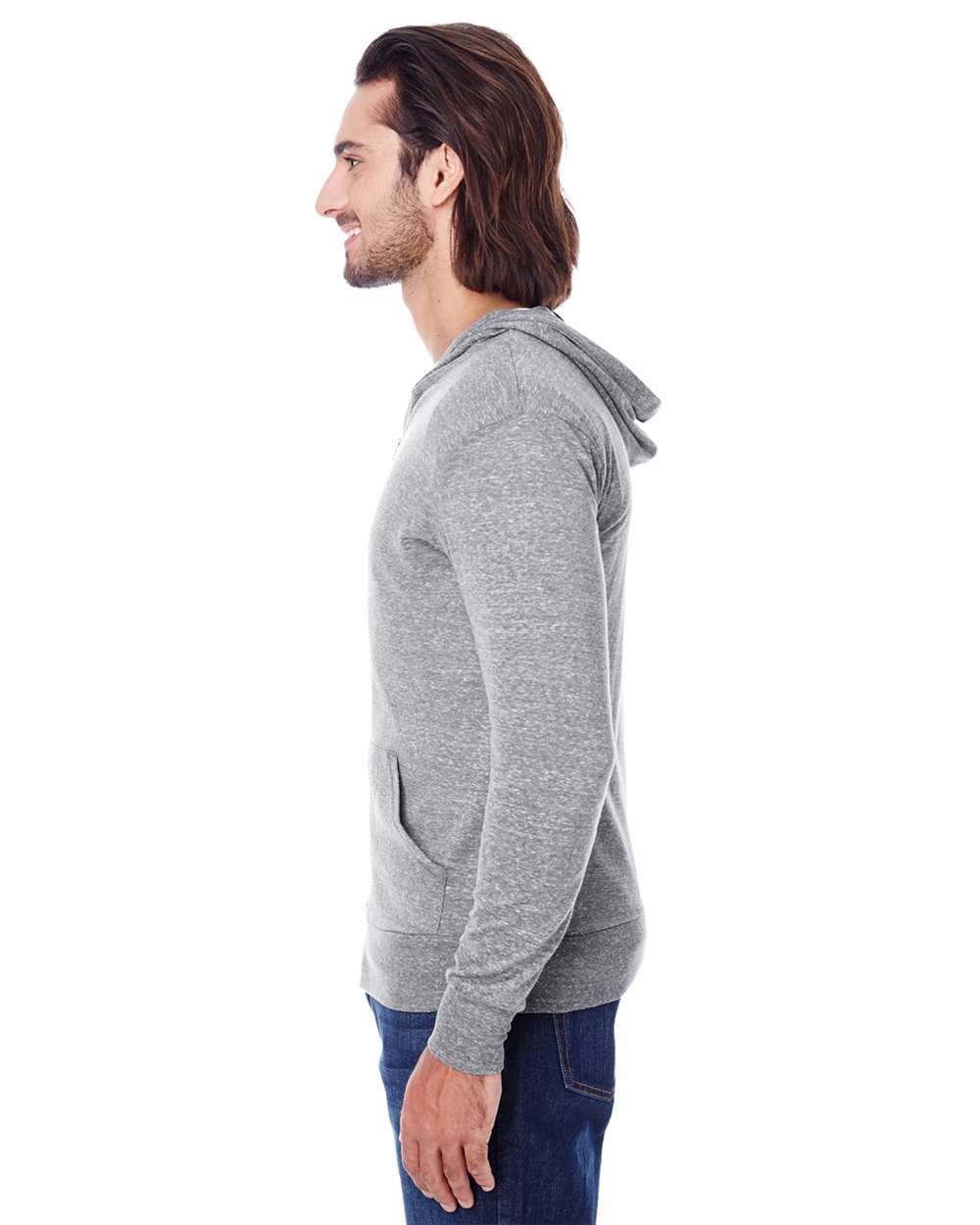 Unisex Triblend Full-Zip Lightweight Hooded Sweatshirt - OnModelSide - B787E0352 - Grey Triblend
