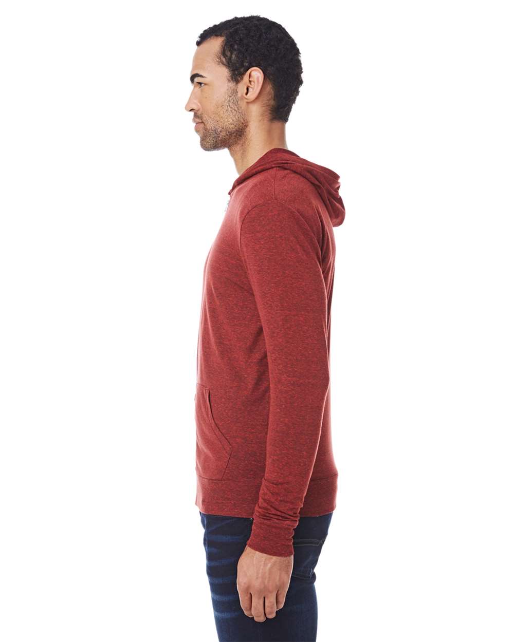 Unisex Triblend Full-Zip Lightweight Hooded Sweatshirt - OnModelSide - B787E0522 - Cardinal Black Triblend