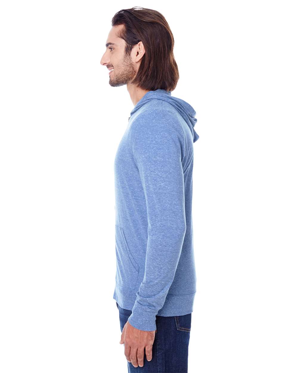 Unisex Triblend Full-Zip Lightweight Hooded Sweatshirt - OnModelSide - B787E0652 - Navy Triblend