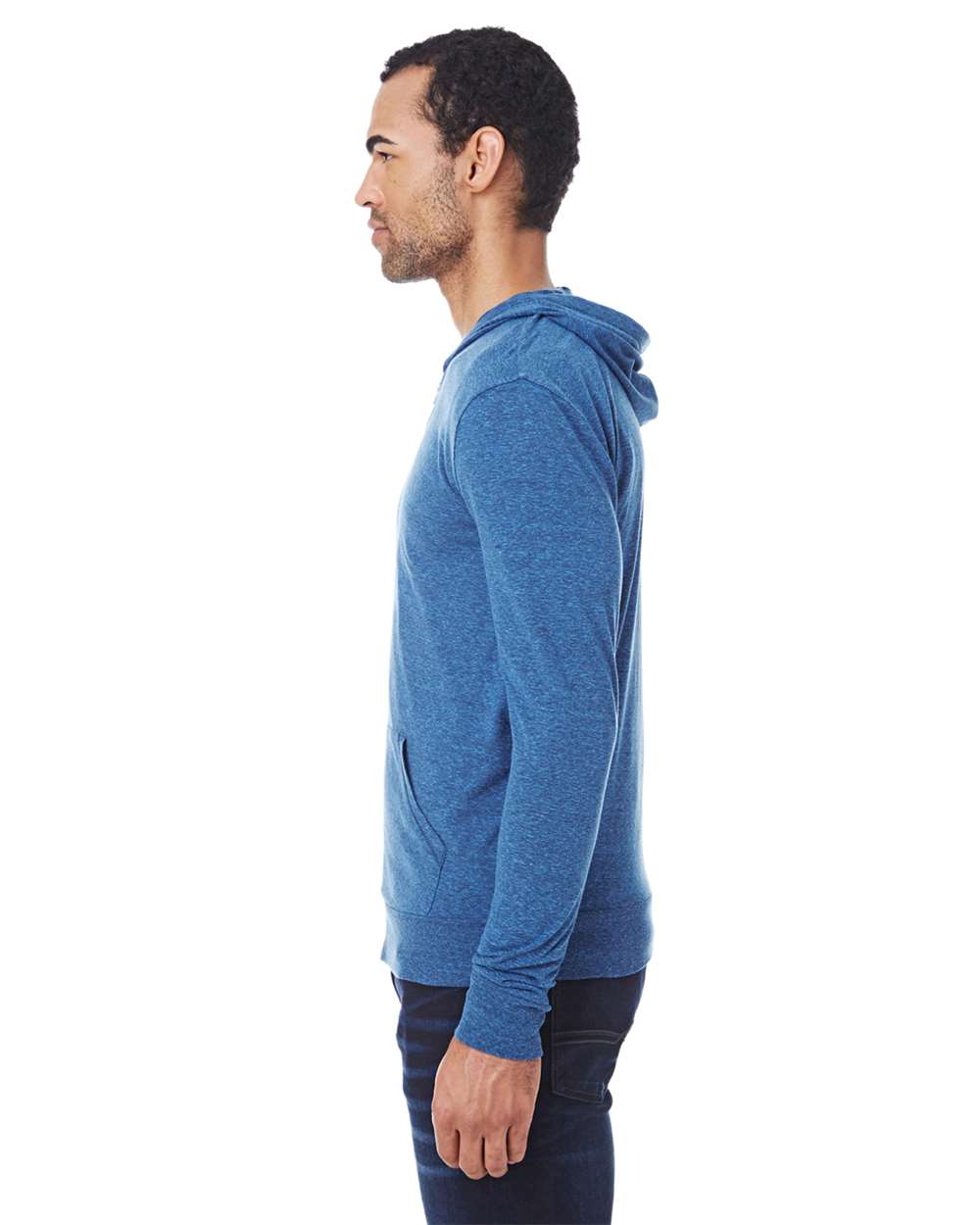 Unisex Triblend Full-Zip Lightweight Hooded Sweatshirt - OnModelSide - B787E0752 - Royal Black Triblend