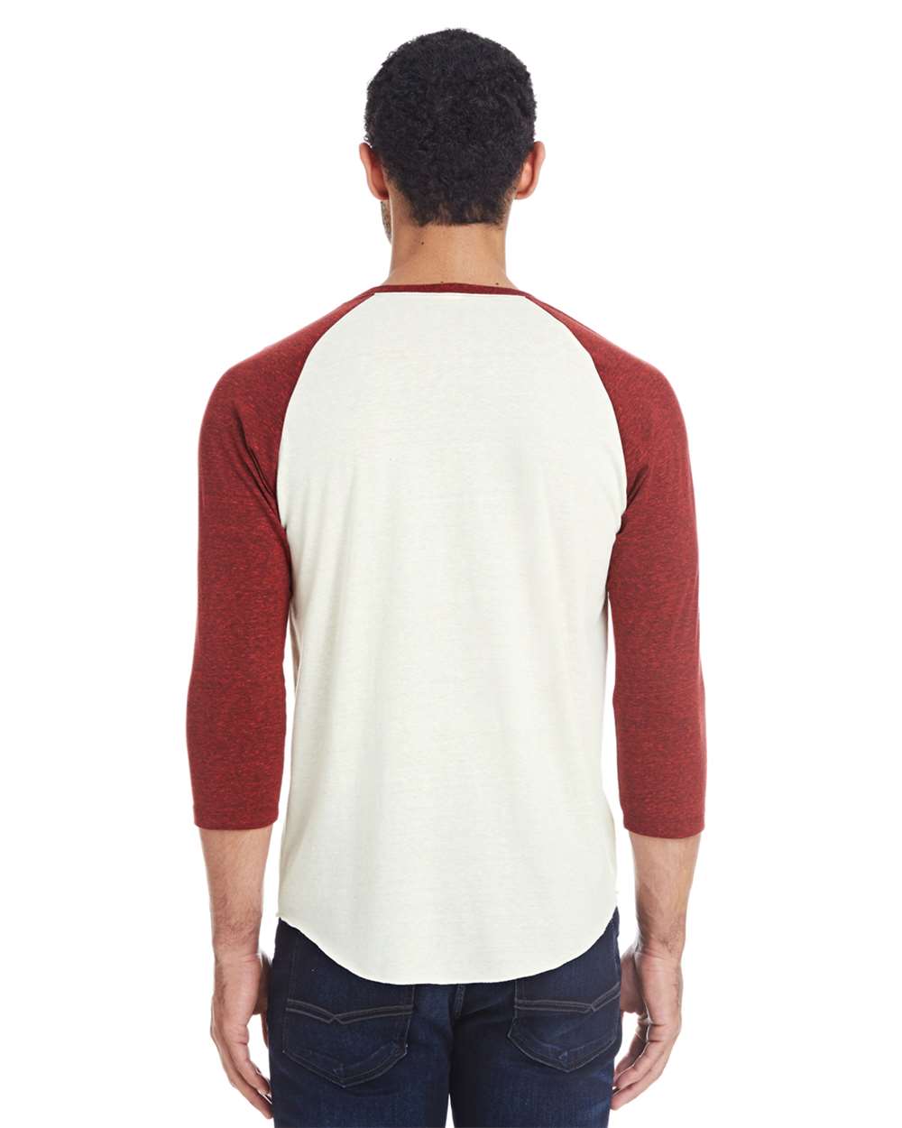 Unisex Triblend Three-Quarter Sleeve Raglan T-Shirt - OnModelBack - B786E0522 - Cream/ Cardinal Black Triblend