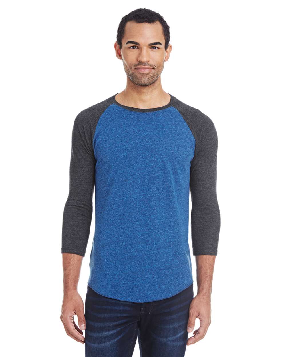 Unisex Triblend Three-Quarter Sleeve Raglan T-Shirt - OnModelFront - B786E0102 - Royal Black/ Black Triblend