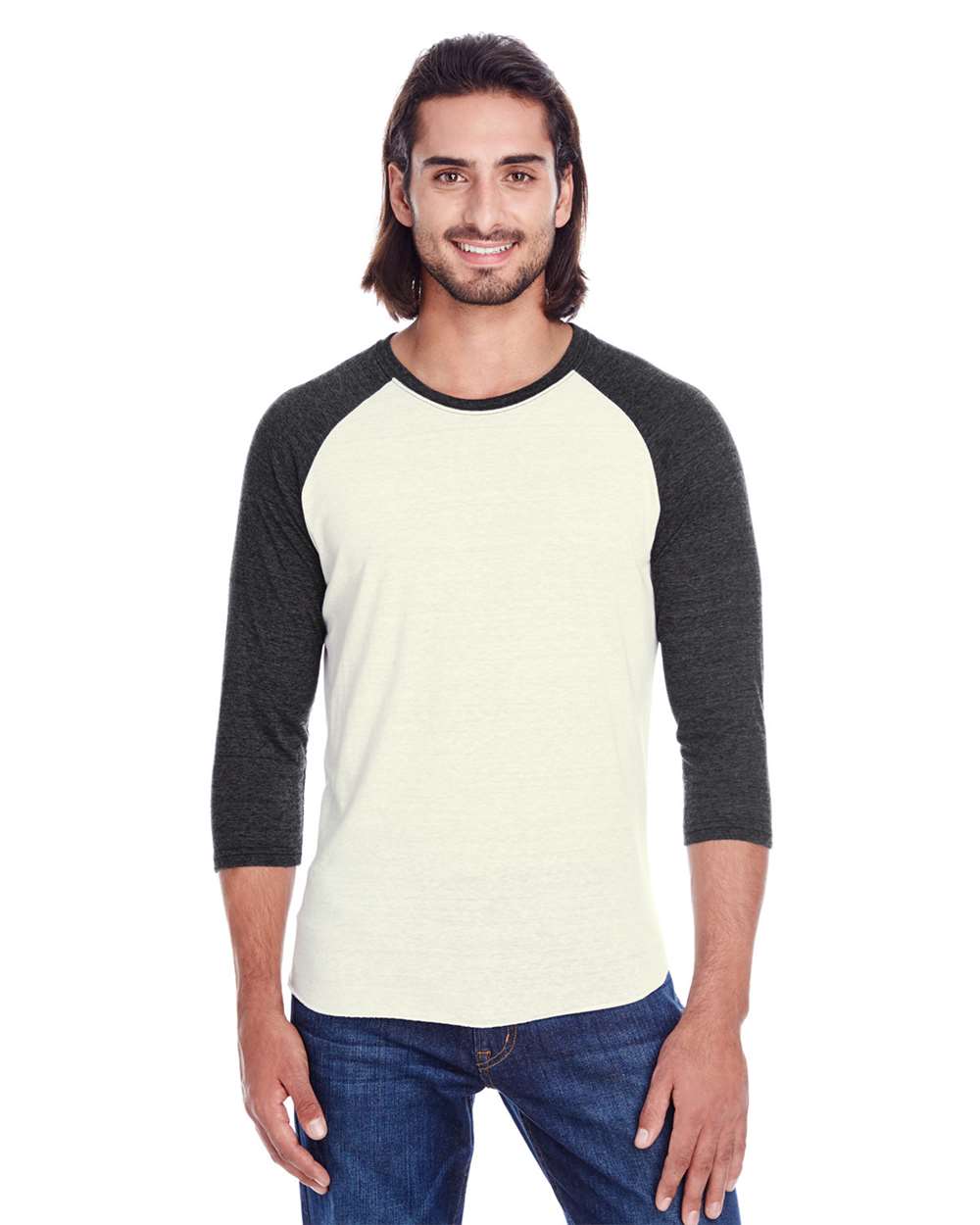 Unisex Triblend Three-Quarter Sleeve Raglan T-Shirt - OnModelFront - B786E0242 - Cream/ Black Triblend