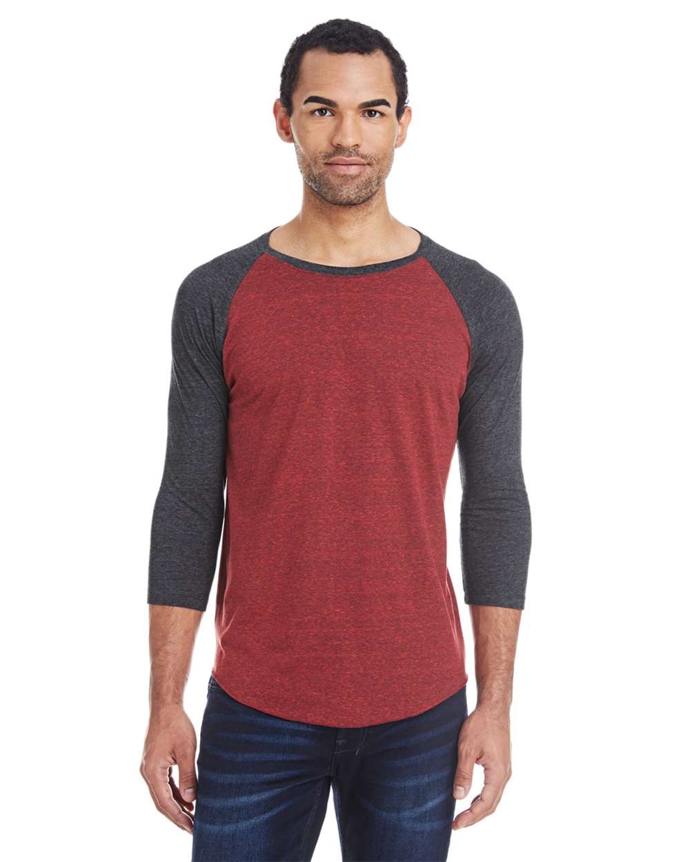 Unisex Triblend Three-Quarter Sleeve Raglan T-Shirt - OnModelFront - B786E0322 - Cardinal Black/ Black Triblend