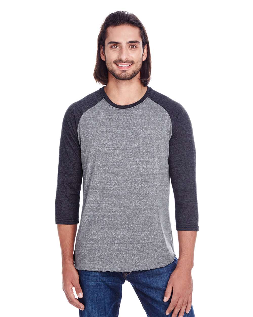 Unisex Triblend Three-Quarter Sleeve Raglan T-Shirt - OnModelFront - B786E0502 - Grey/ Black Triblend