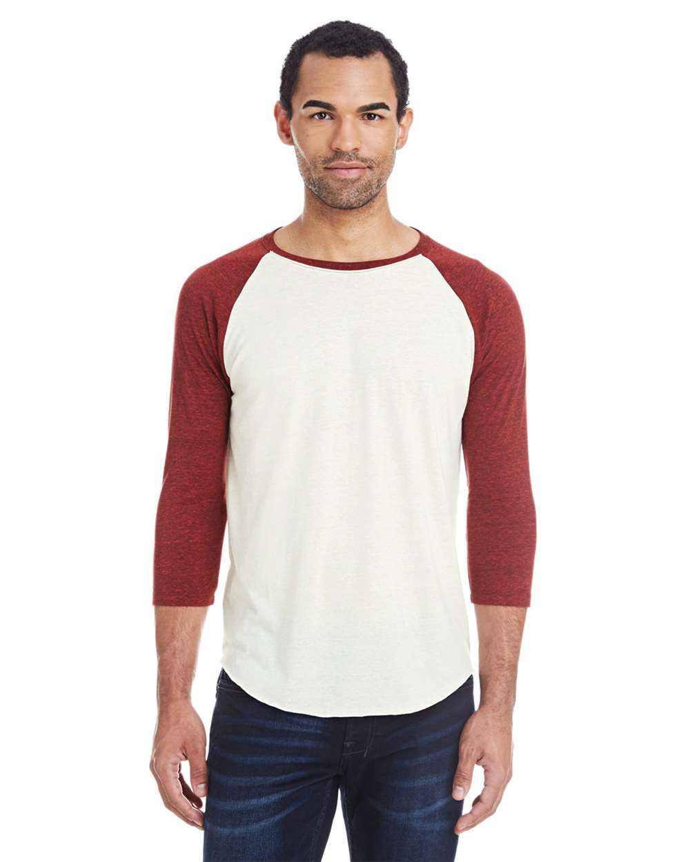 Unisex Triblend Three-Quarter Sleeve Raglan T-Shirt - OnModelFront - B786E0522 - Cream/ Cardinal Black Triblend