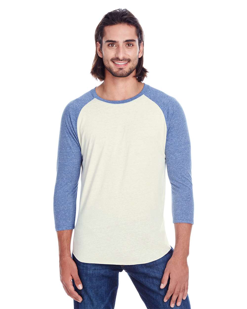 Unisex Triblend Three-Quarter Sleeve Raglan T-Shirt - OnModelFront - B786E0652 - Cream/ Navy Triblend