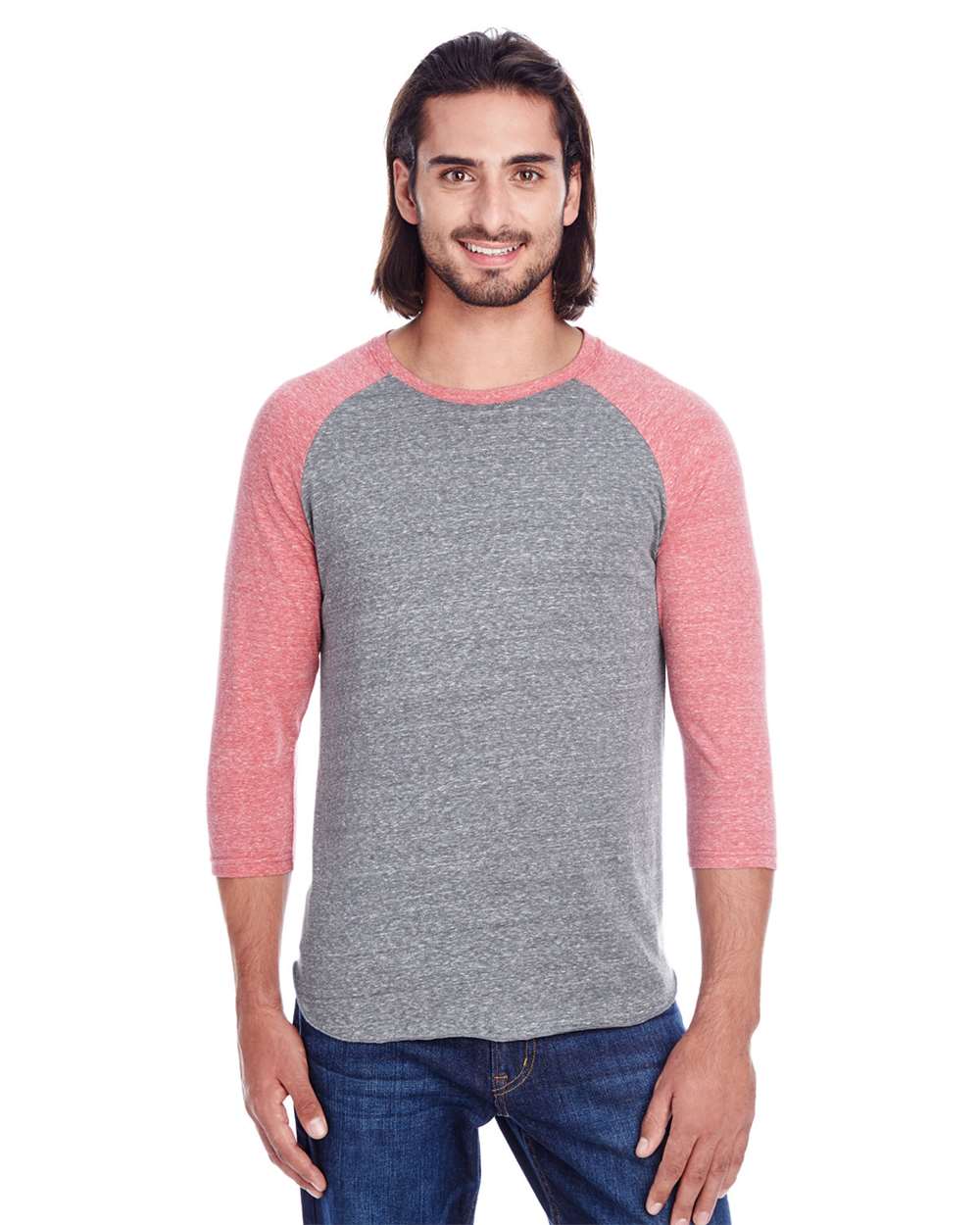 Unisex Triblend Three-Quarter Sleeve Raglan T-Shirt - OnModelFront - B786E0702 - Grey/ Red Triblend