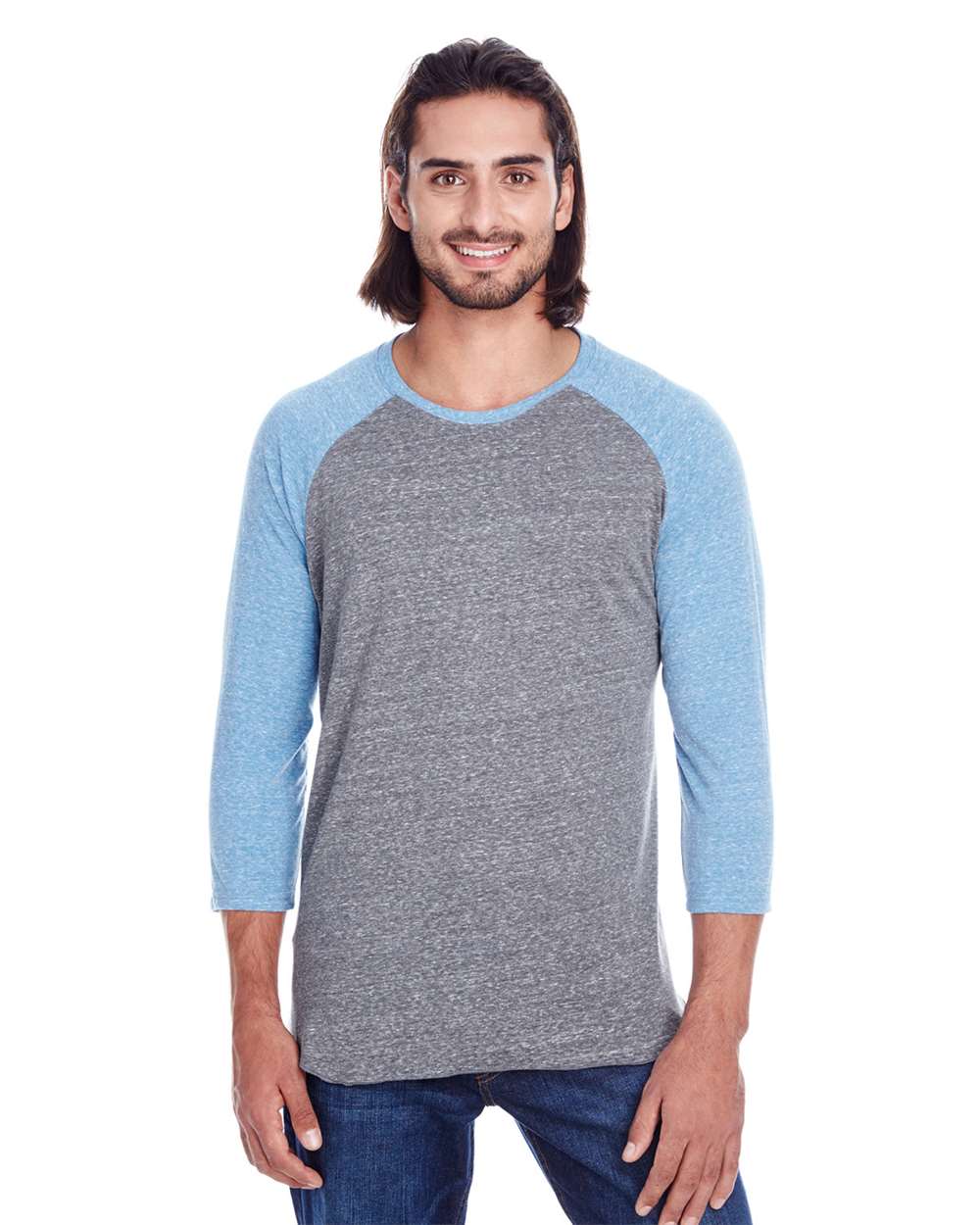 Unisex Triblend Three-Quarter Sleeve Raglan T-Shirt - OnModelFront - B786E0752 - Grey/ Royal Triblend