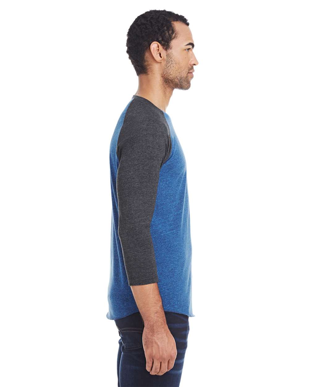 Unisex Triblend Three-Quarter Sleeve Raglan T-Shirt - OnModelSide - B786E0102 - Royal Black/ Black Triblend