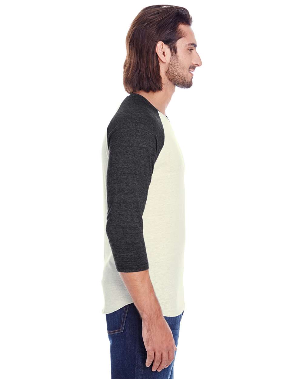 Unisex Triblend Three-Quarter Sleeve Raglan T-Shirt - OnModelSide - B786E0242 - Cream/ Black Triblend