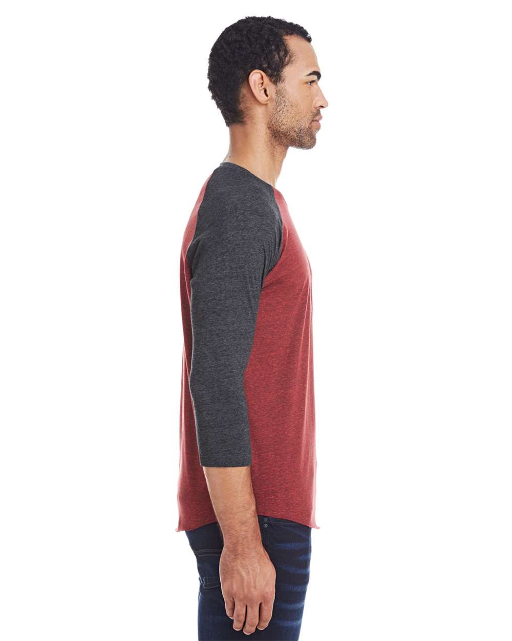 Unisex Triblend Three-Quarter Sleeve Raglan T-Shirt - OnModelSide - B786E0322 - Cardinal Black/ Black Triblend