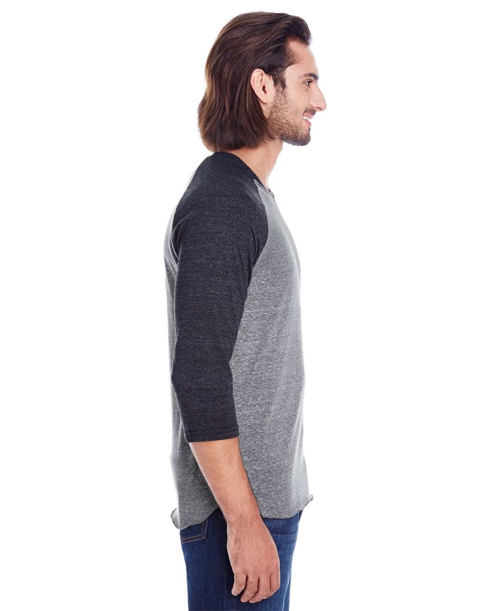 Unisex Triblend Three-Quarter Sleeve Raglan T-Shirt - OnModelSide - B786E0502 - Grey/ Black Triblend