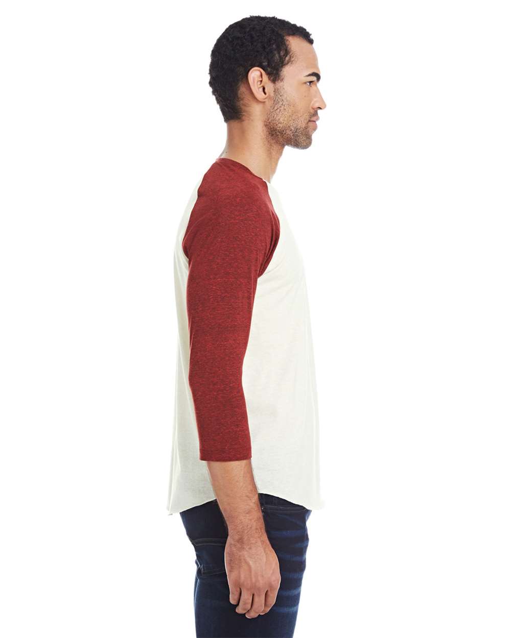 Unisex Triblend Three-Quarter Sleeve Raglan T-Shirt - OnModelSide - B786E0522 - Cream/ Cardinal Black Triblend
