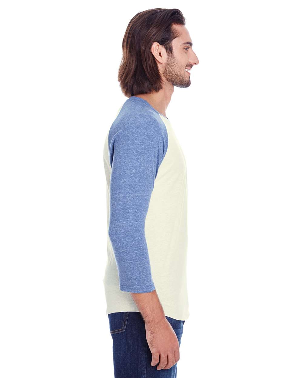 Unisex Triblend Three-Quarter Sleeve Raglan T-Shirt - OnModelSide - B786E0652 - Cream/ Navy Triblend