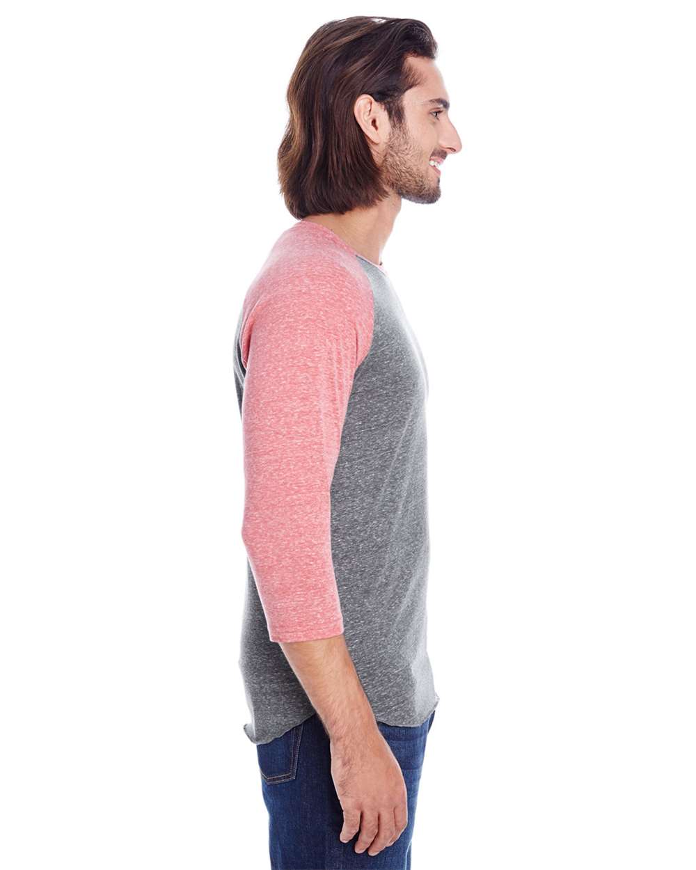 Unisex Triblend Three-Quarter Sleeve Raglan T-Shirt - OnModelSide - B786E0702 - Grey/ Red Triblend