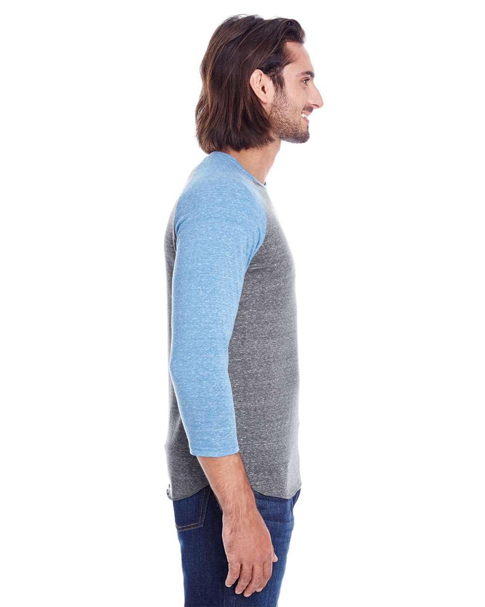 Unisex Triblend Three-Quarter Sleeve Raglan T-Shirt - OnModelSide - B786E0752 - Grey/ Royal Triblend