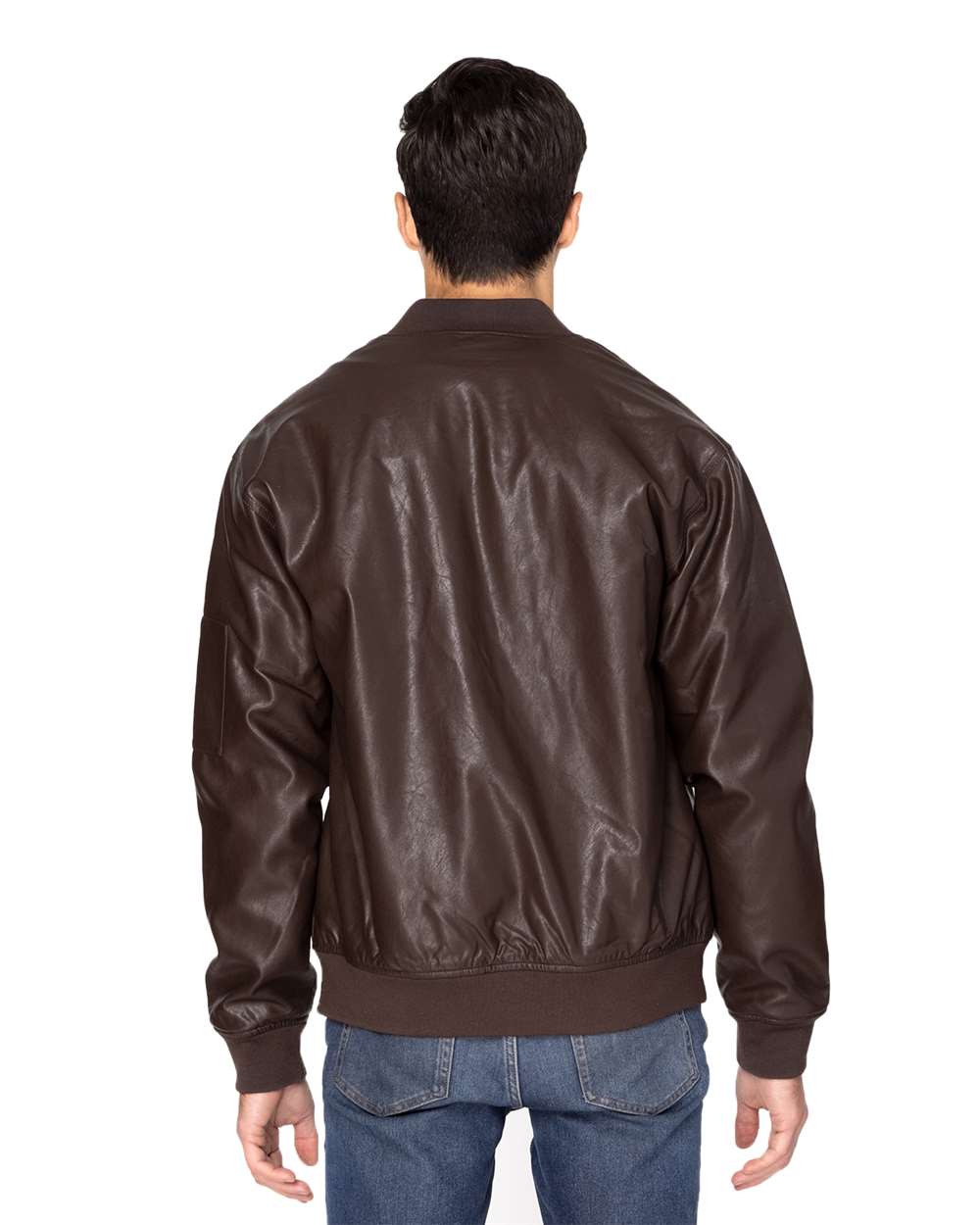 Unisex Bomber Jacket - OnModelBack - B802E0362 - Brown Vegan Leather