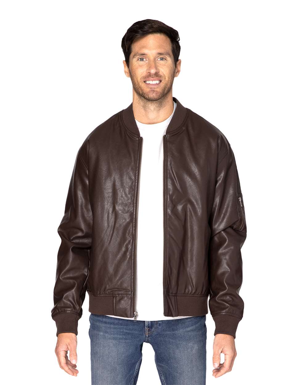 Unisex Bomber Jacket - OnModelFront - B802E0362 - Brown Vegan Leather