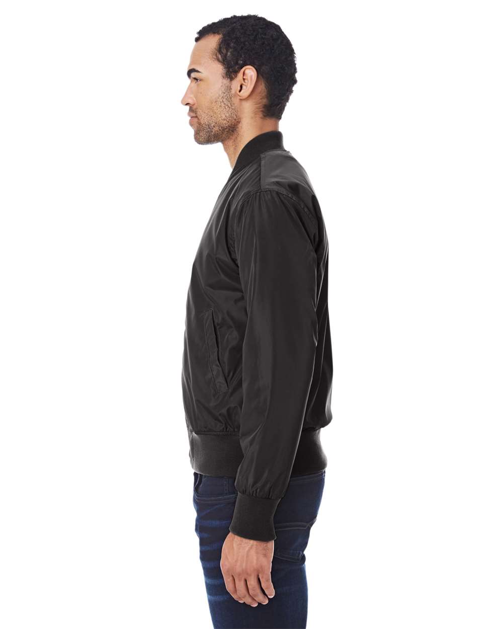 Unisex Bomber Jacket - OnModelSide - B802E0102 - Black Vegan Leather