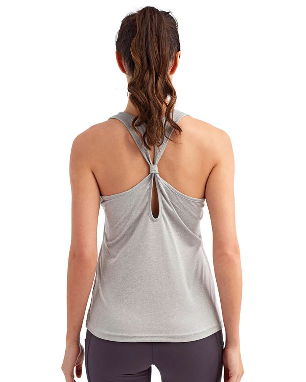 Women's Knot Back Venus Tank - OnModelBack - B848A2092 - Silver Melange