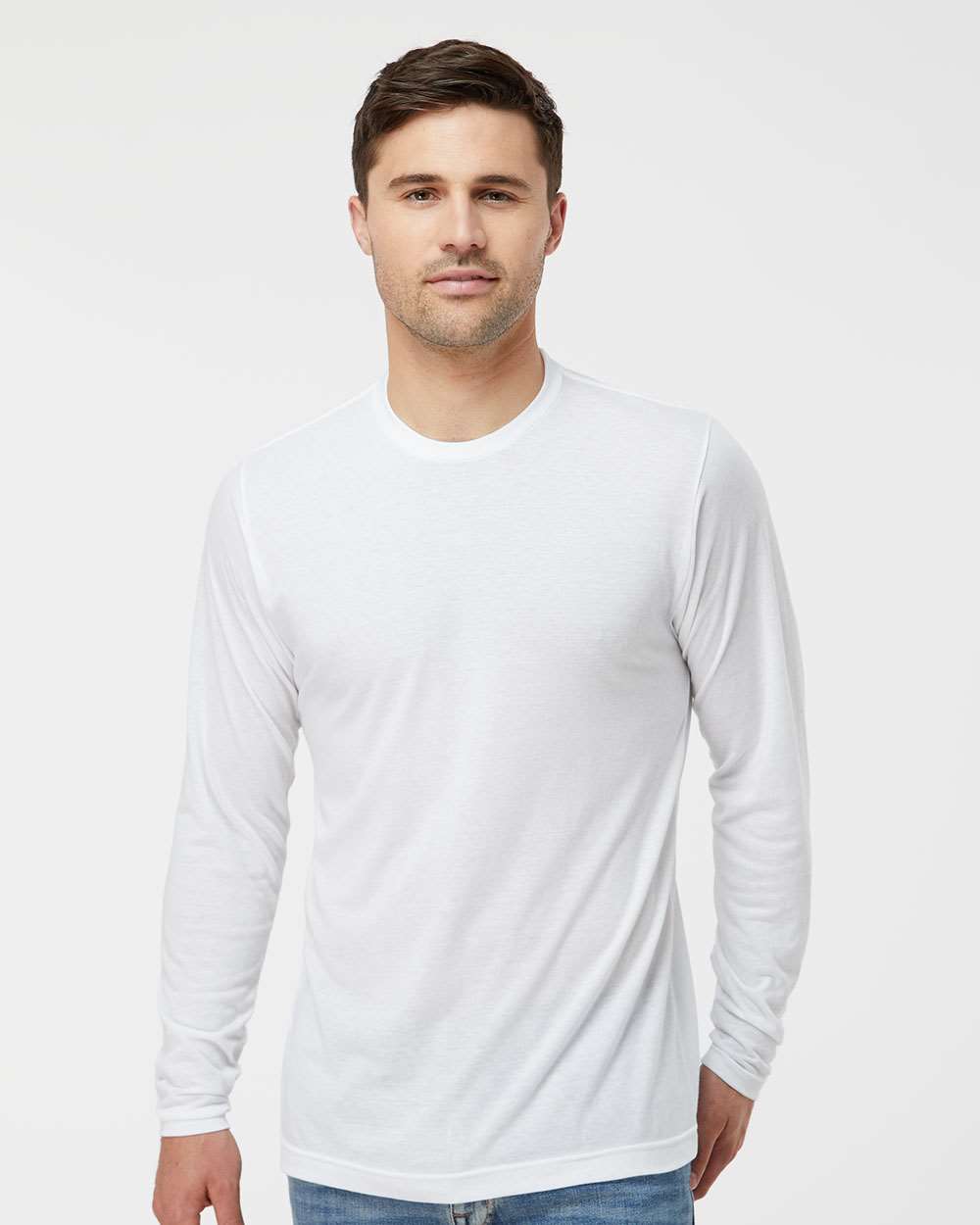 Unisex Poly-Rich Long Sleeve T-Shirt - OnModelFront - B30059002 - White