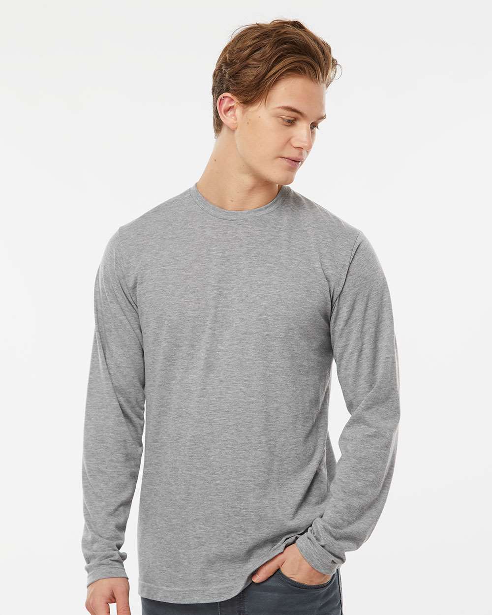 Unisex Poly-Rich Long Sleeve T-Shirt - OnModelFront - B30059092 - Heather Grey