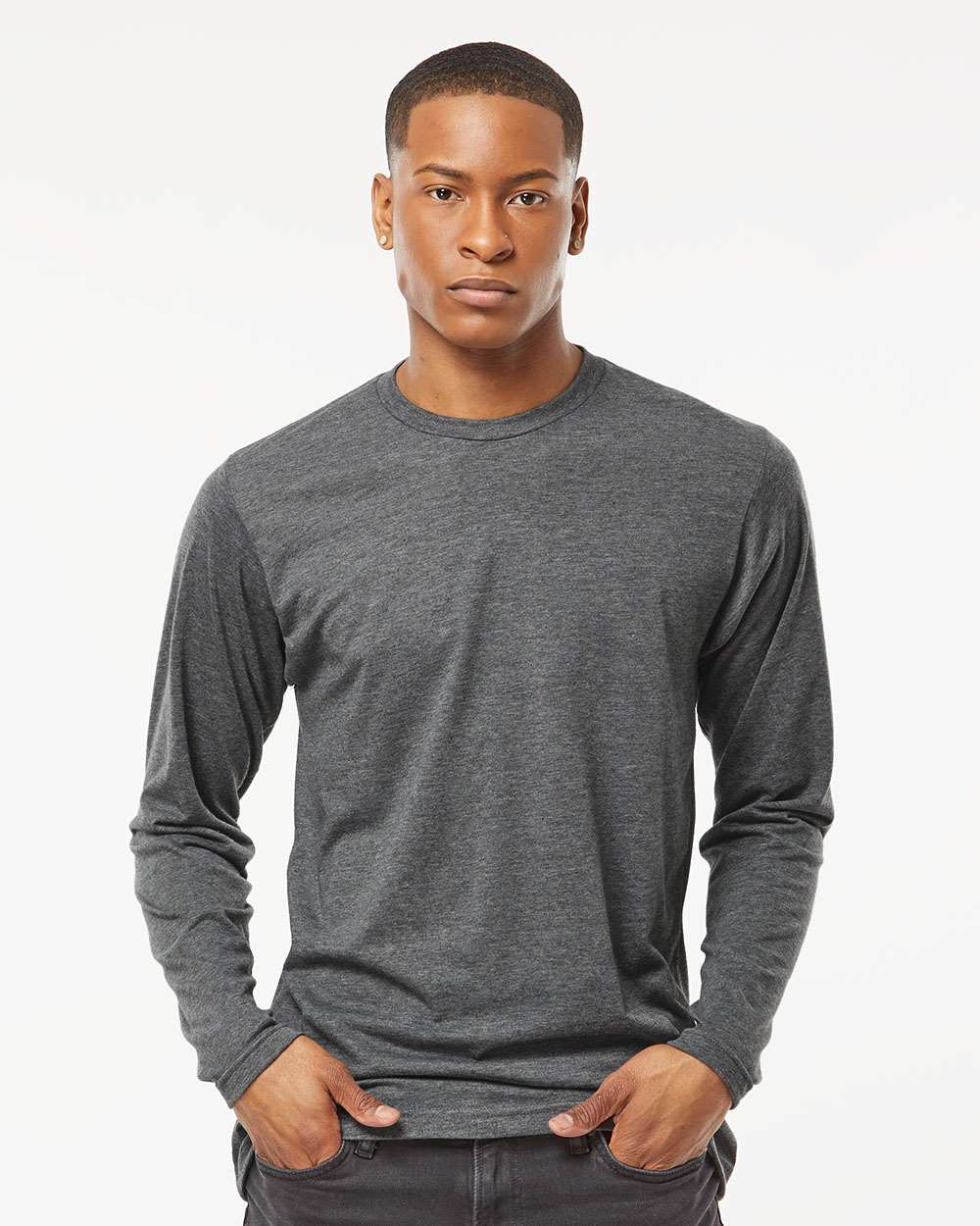 Unisex Poly-Rich Long Sleeve T-Shirt - OnModelFront - B30059592 - Heather Charcoal