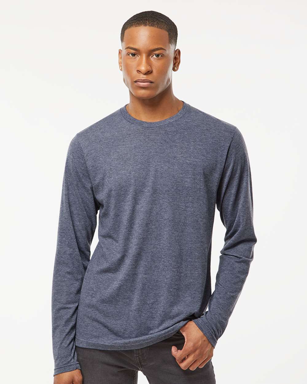 Unisex Poly-Rich Long Sleeve T-Shirt - OnModelFront - B30059652 - Heather Navy