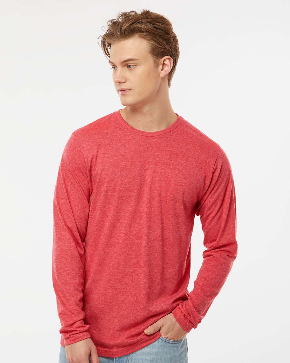 Unisex Poly-Rich Long Sleeve T-Shirt - OnModelFront - B30059702 - Heather Red