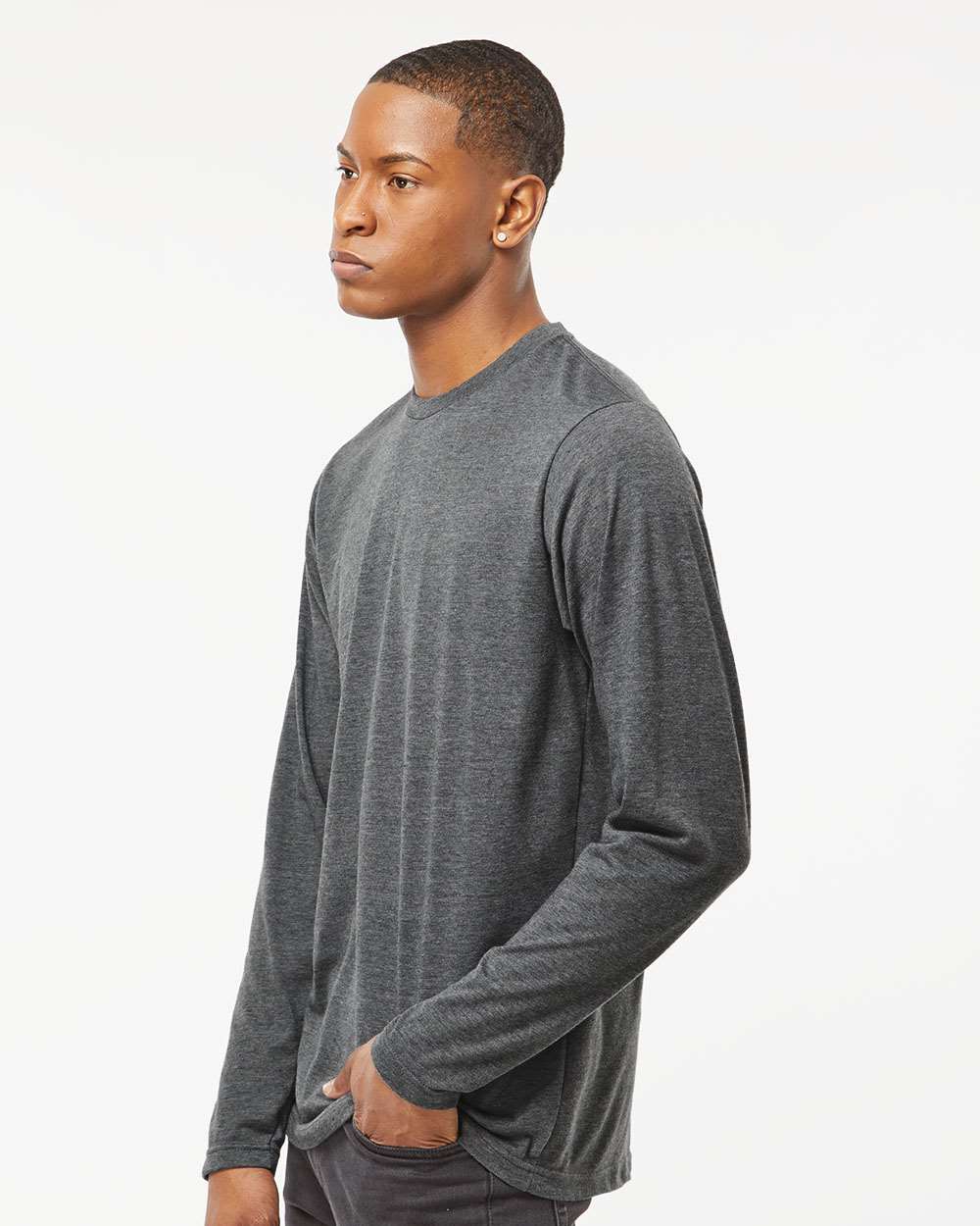 Unisex Poly-Rich Long Sleeve T-Shirt - OnModelSide - B30059592 - Heather Charcoal