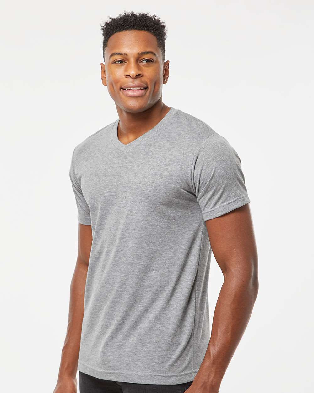Men's Poly-Rich V-Neck T-Shirt - OnModelSide - B20059092 - Heather Grey