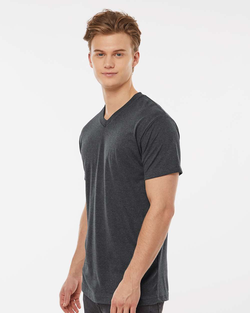 Men's Poly-Rich V-Neck T-Shirt - OnModelSide - B20059102 - Heather Charcoal