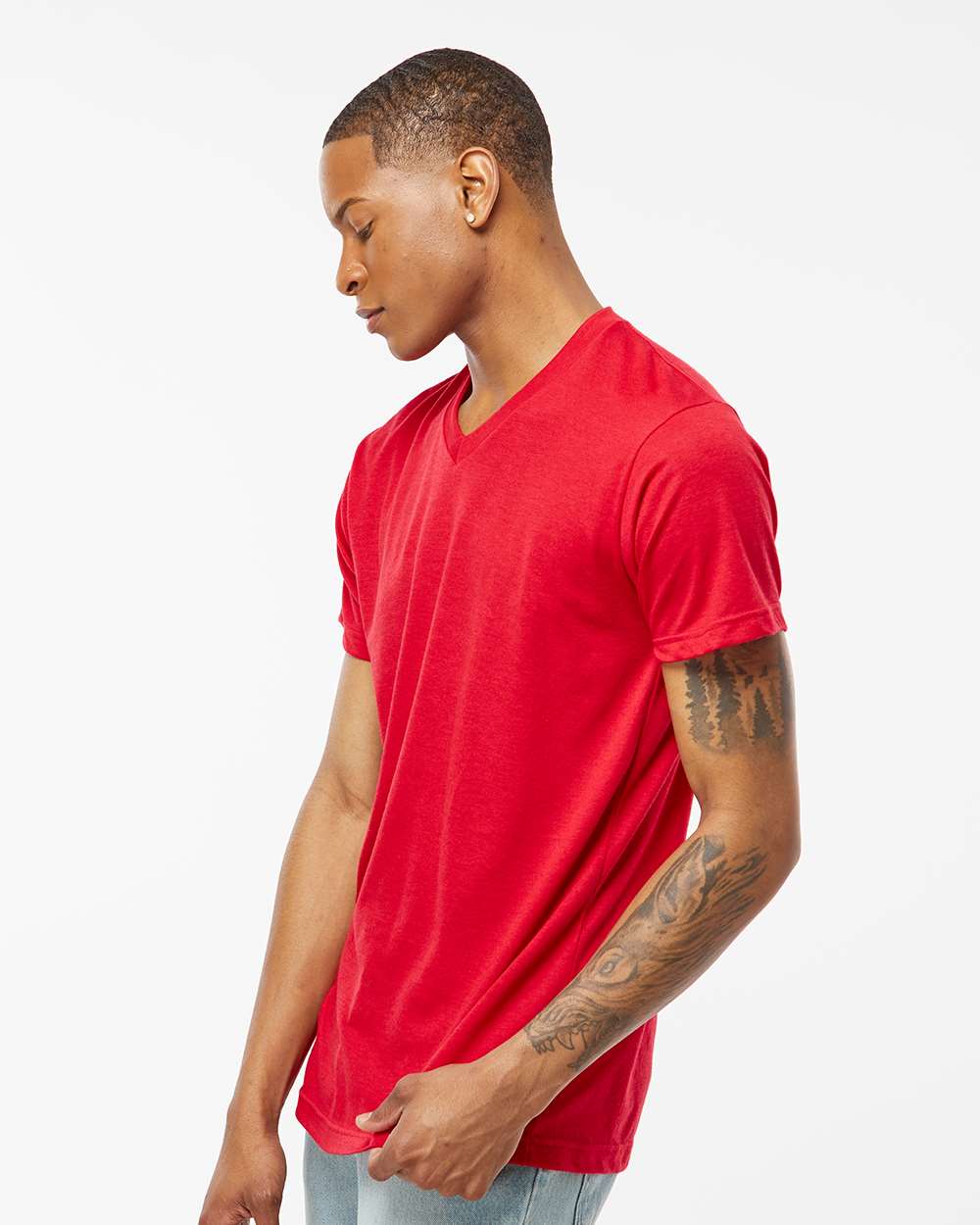 Men's Poly-Rich V-Neck T-Shirt - OnModelSide - B20059132 - Red