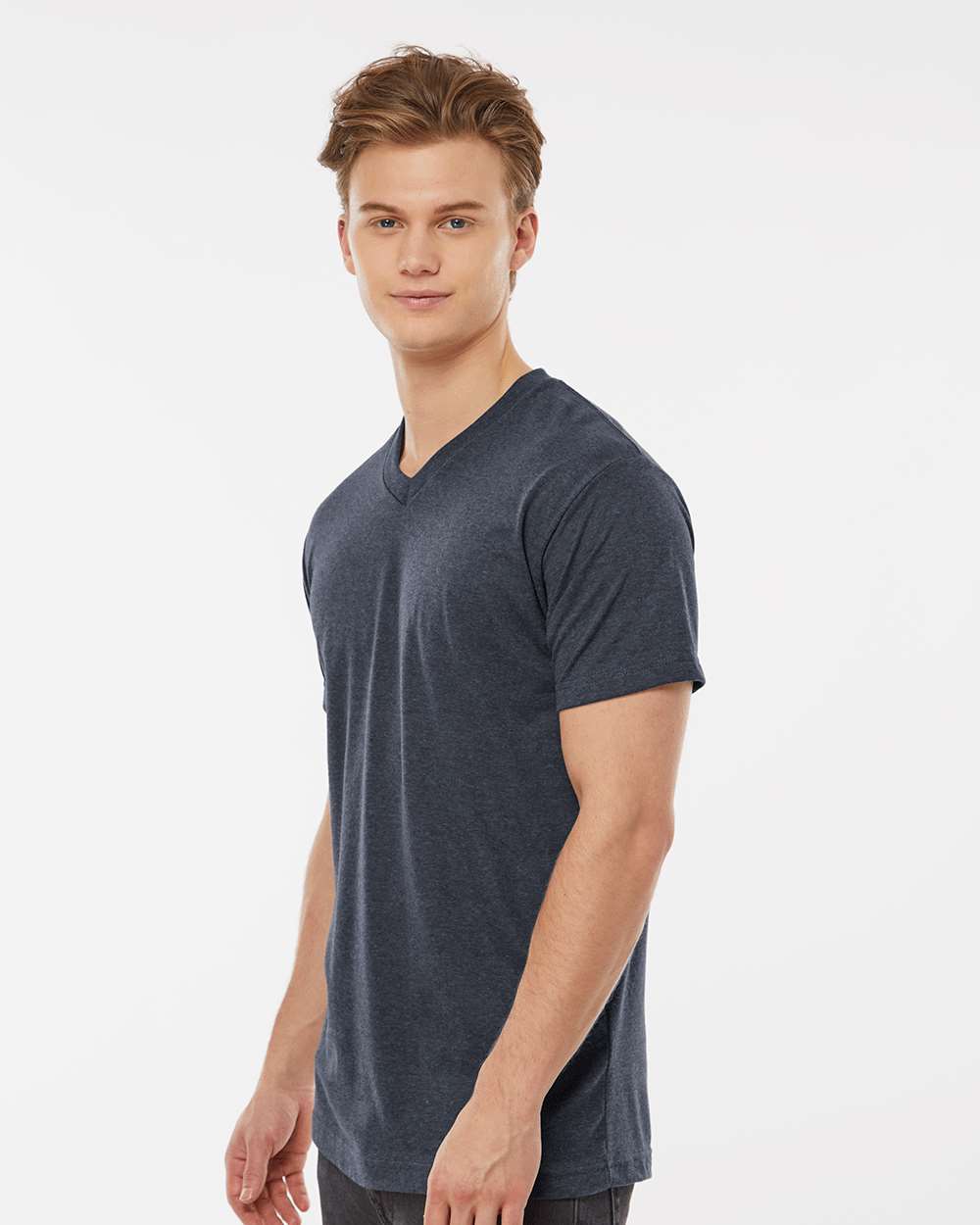 Men's Poly-Rich V-Neck T-Shirt - OnModelSide - B20059652 - Heather Navy